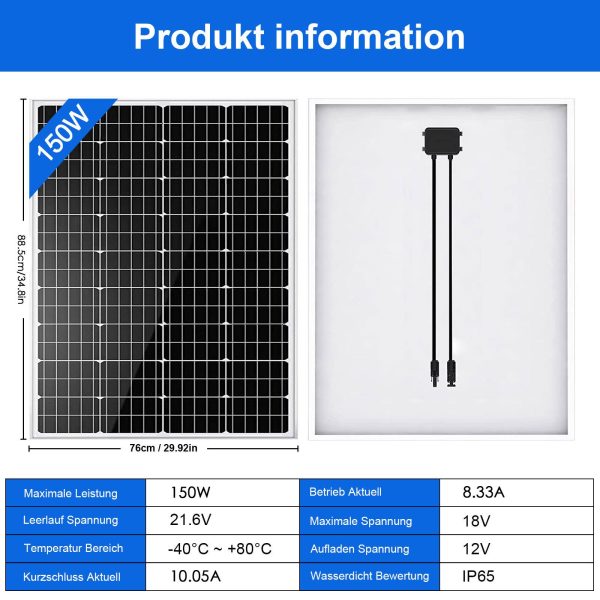 Solarmodul 150W Solarpanel 12V – Monokristalline Solarmodule mit Alurahmen