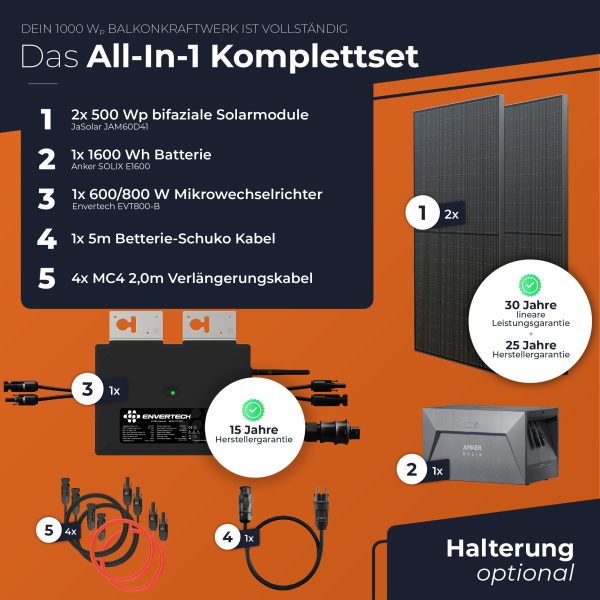 Balkonkraftwerk mit Speicher All in One 1000 Wp / 800 Watt komplett Steckdose