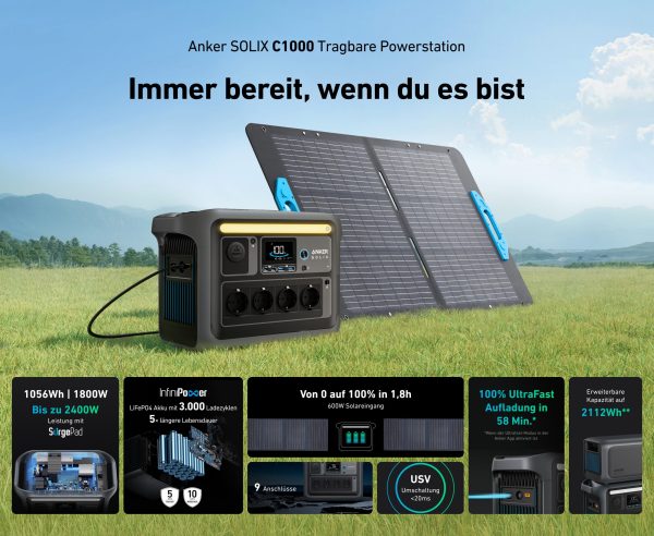Stromerzeuger C1000 Tragbare Powerstation, LiFePO4, 1800W Solargenerator