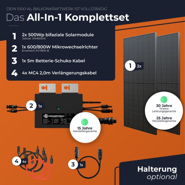 Balkonkraftwerk 1000W Komplettset Solaranlage Steckdose