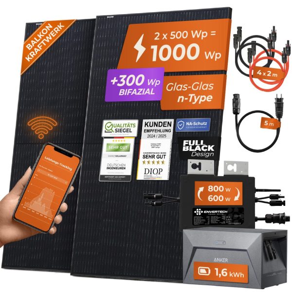 Balkonkraftwerk mit Speicher All in One 1000 Wp / 800 Watt komplett Steckdose