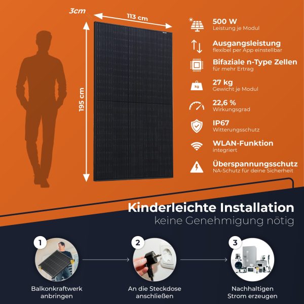 Balkonkraftwerk mit Speicher All in One 1000 Wp / 800 Watt komplett Steckdose
